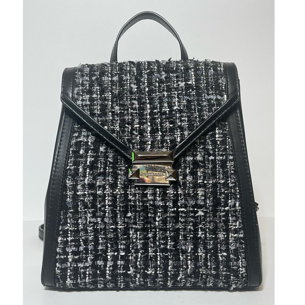 Michael Kors Whitney Black Leather Tweed Trim Studded Backpack Bag Women's USED